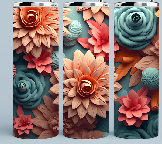 3D Peach and Teal Flower tumbler
