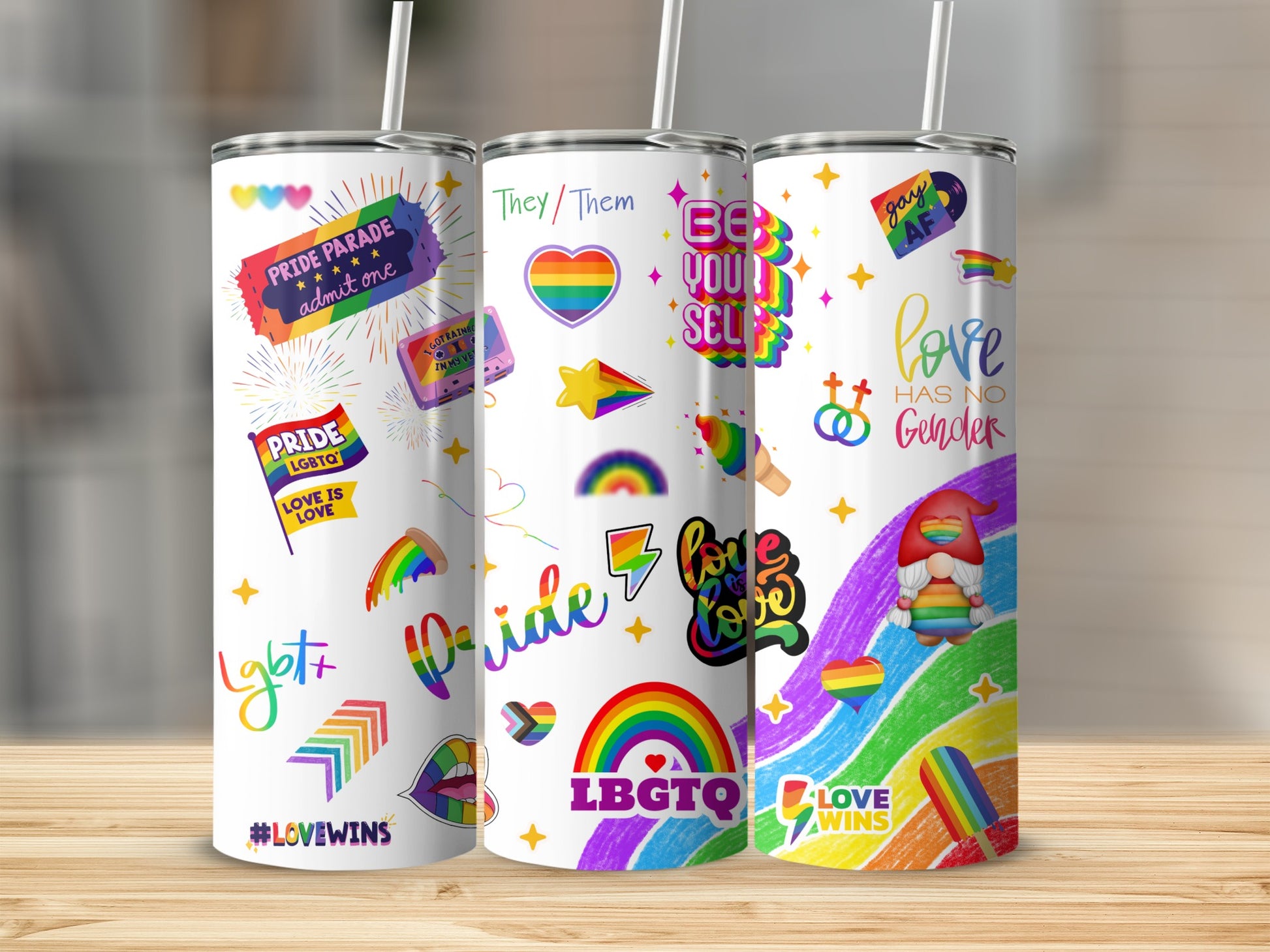 Pride-themed tumblers with LGBTQ+ designs, hearts, and text like "LGBTQ" and "#LOVEWINS."