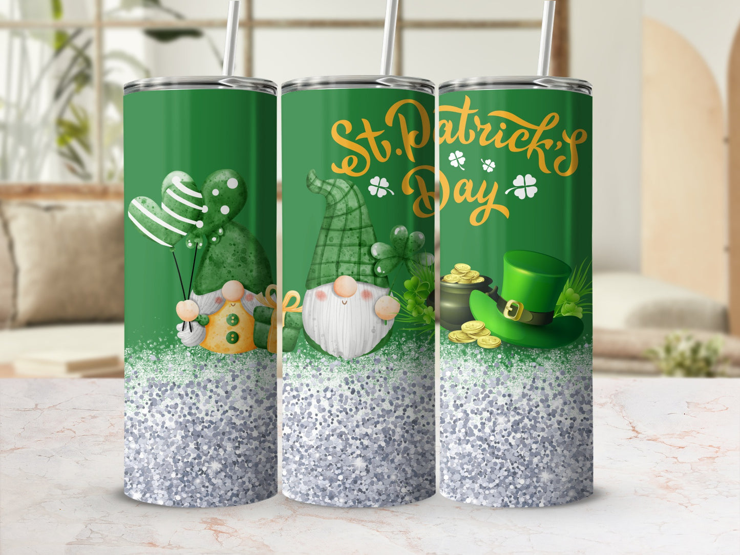 St. Patrick's Day gnome and shamrock tumbler with green and glitter accents.