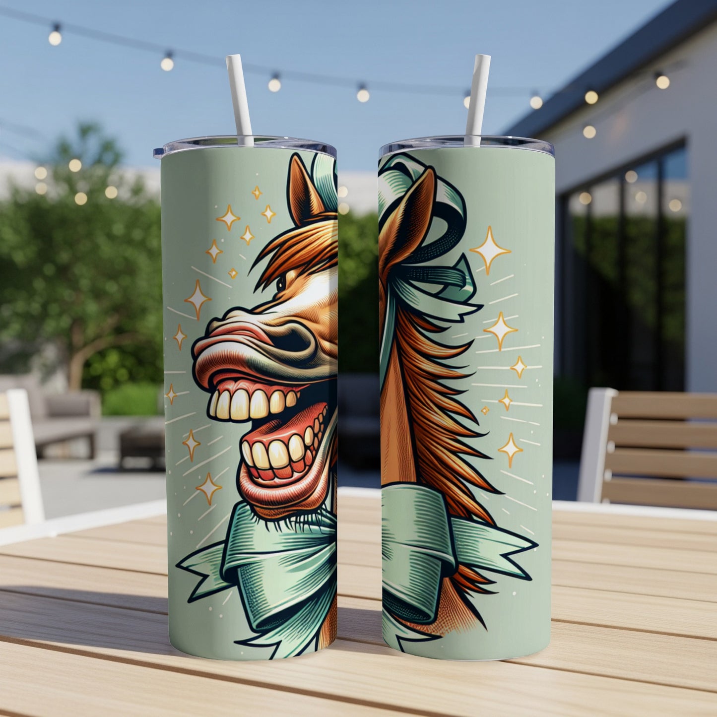 Two tumblers feature a cartoon horse's wide, grinning face with a teal ribbon.
