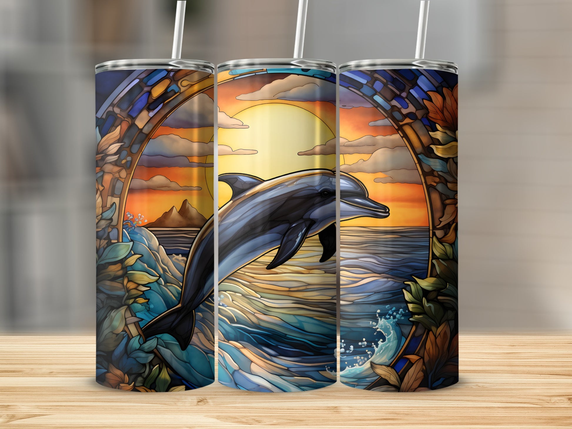 Dolphin jumping from ocean waves under sunset through stained-glass frame.