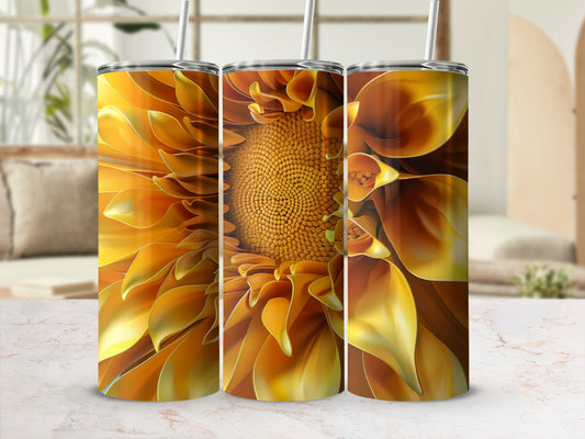 Three tumblers featuring a close-up, vibrant yellow and orange sunflower design.
