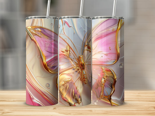 Three tumblers with iridescent pink and gold butterfly designs.