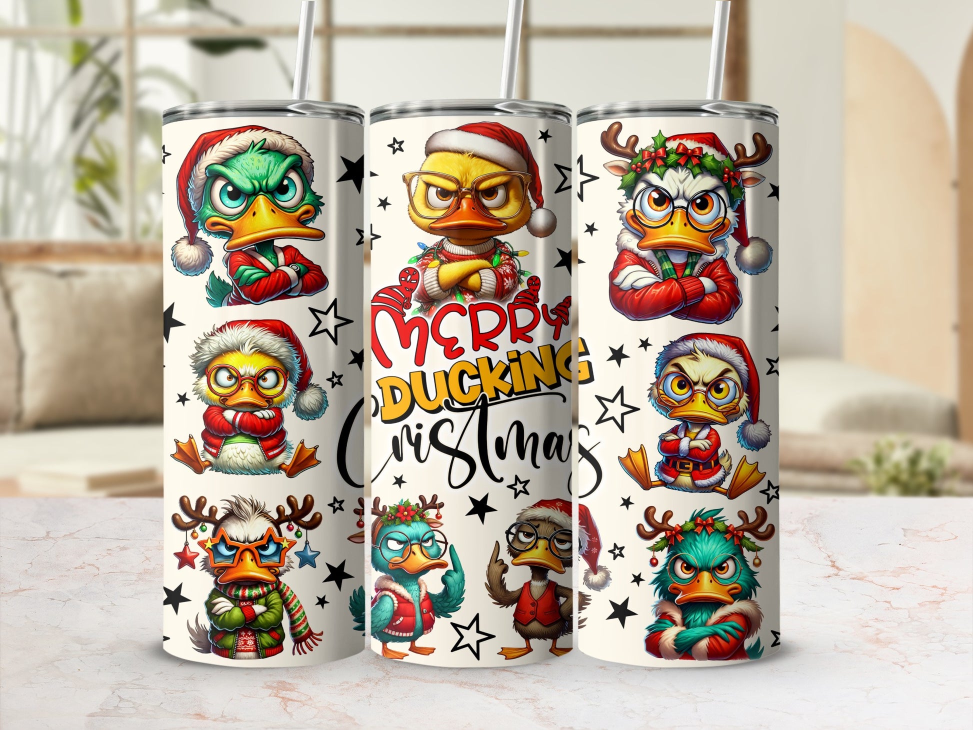 Christmas ducks with "Merry Ducking Christmas" text and festive decorations.