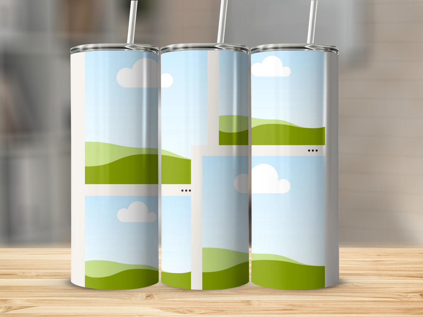 Three stainless steel tumblers with straw, displaying a landscape graphic.