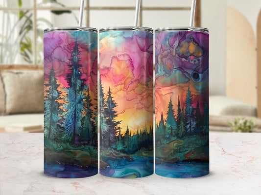 Three tumblers with a vibrant, abstract forest sunset watercolor design.