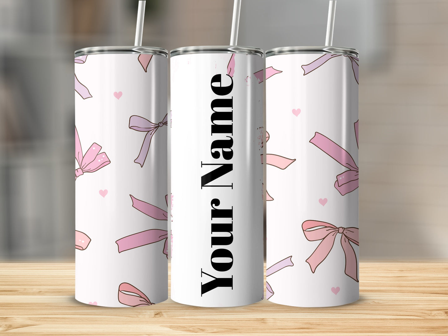 Personalized Pink Bow and Hearts Tumbler Product