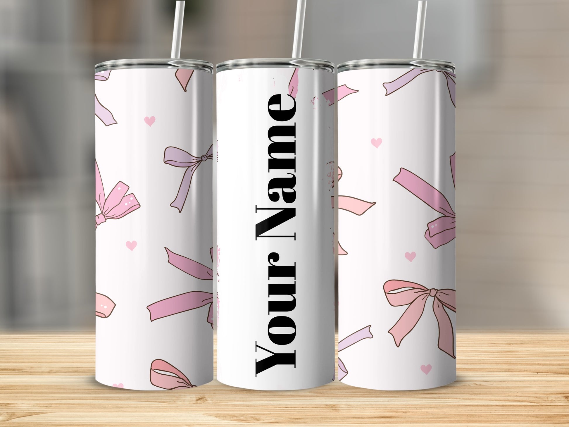 Personalized Pink Bow and Hearts Tumbler Product