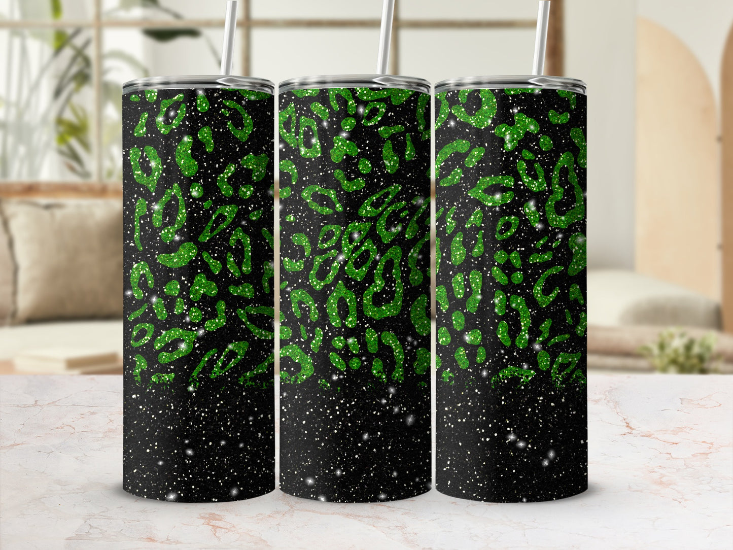 Green leopard print glitter tumbler with stars on black background.