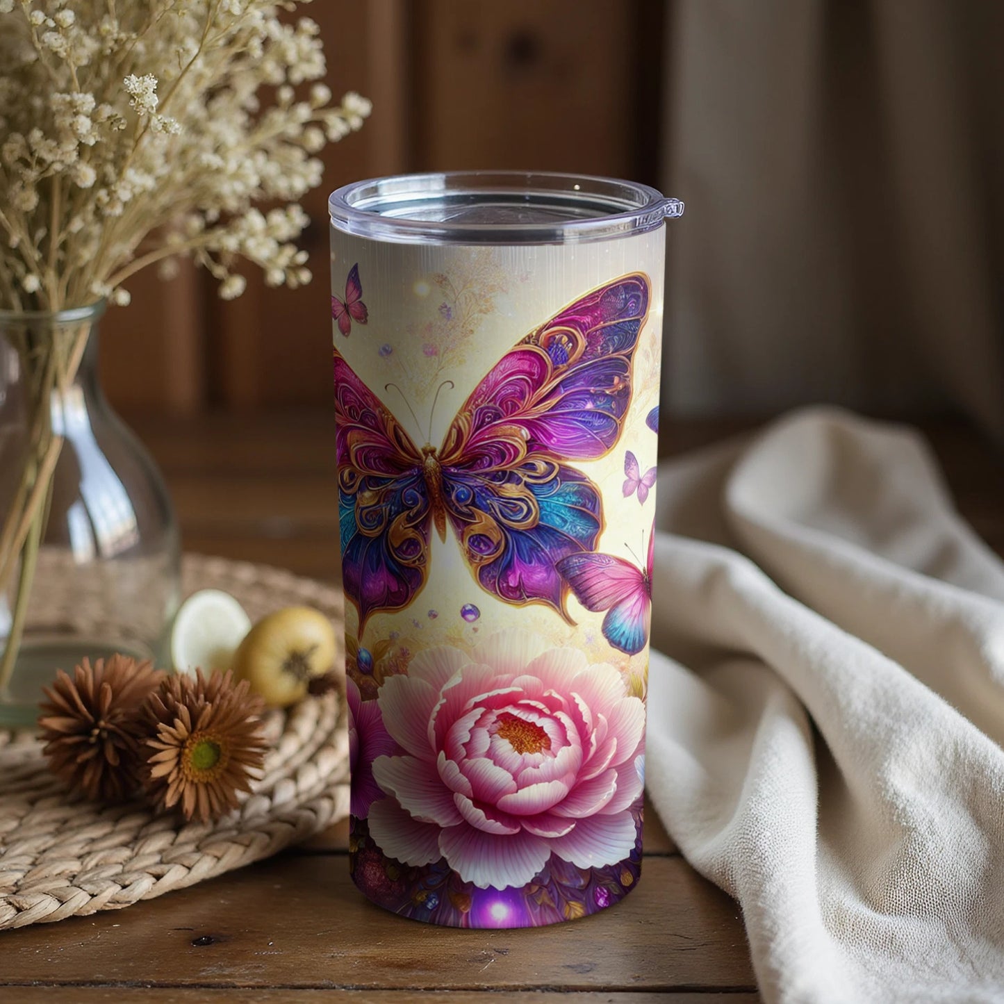 Butterfly and Floral Design Insulated Tumbler Cup