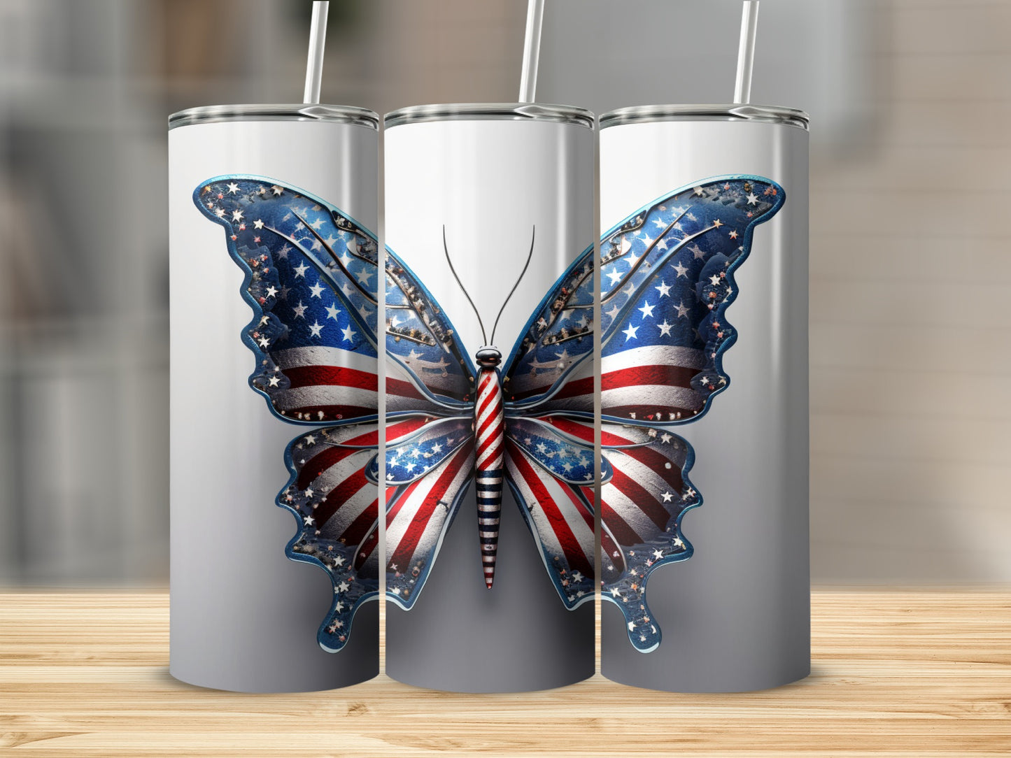 Butterfly design with American flag pattern on a tumbler.