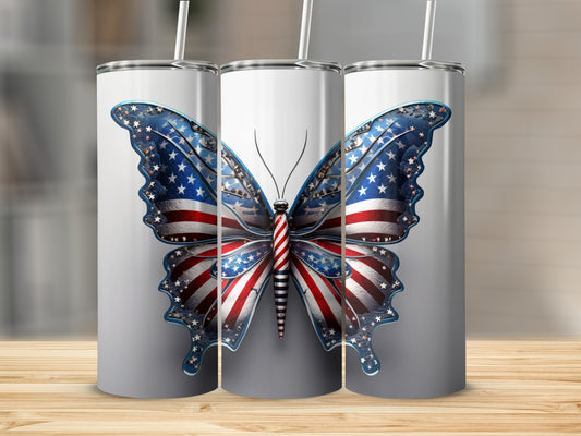 Butterfly design with American flag pattern on a tumbler.