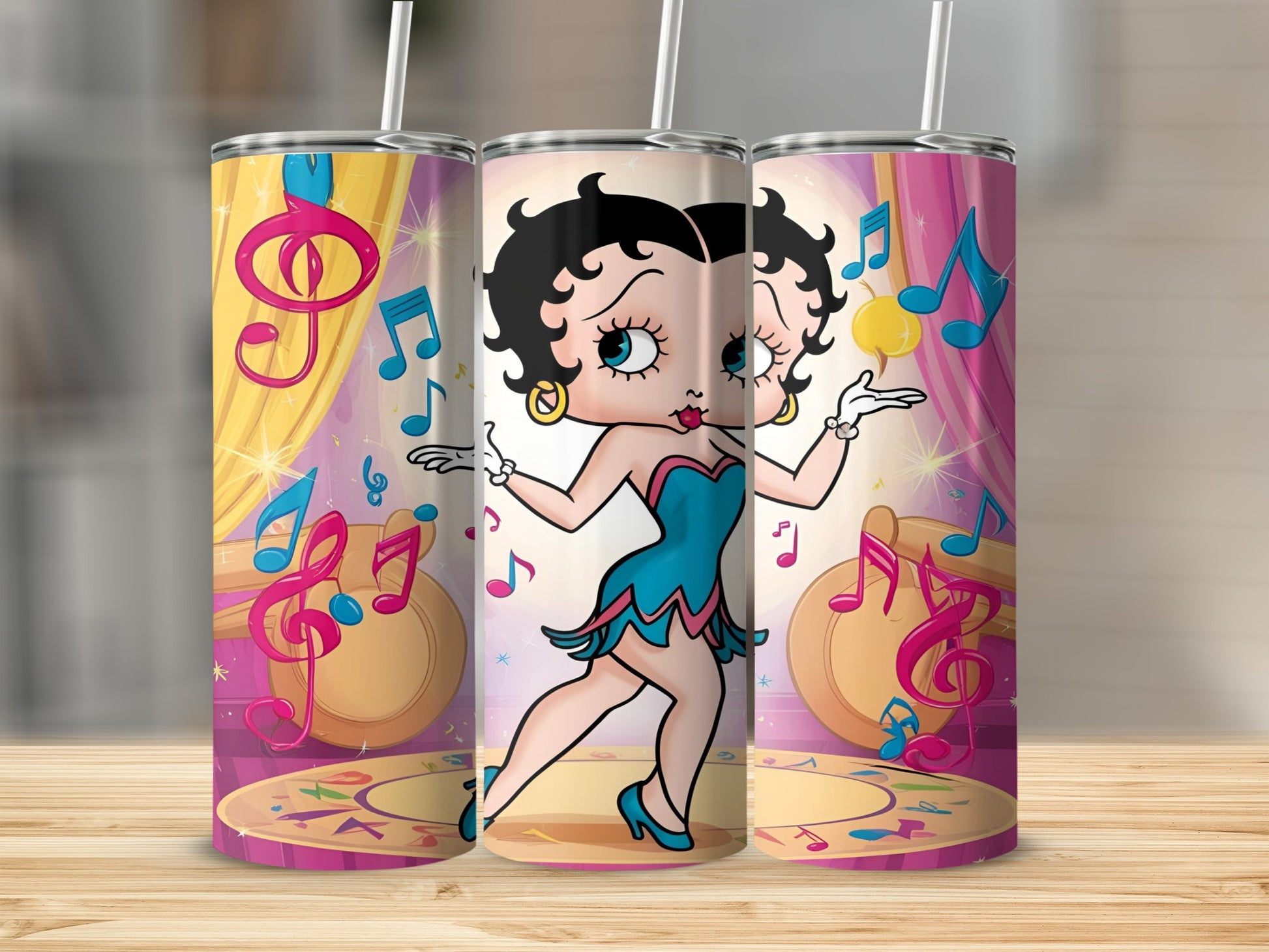 Betty Boop on stage with musical notes and stage lights.