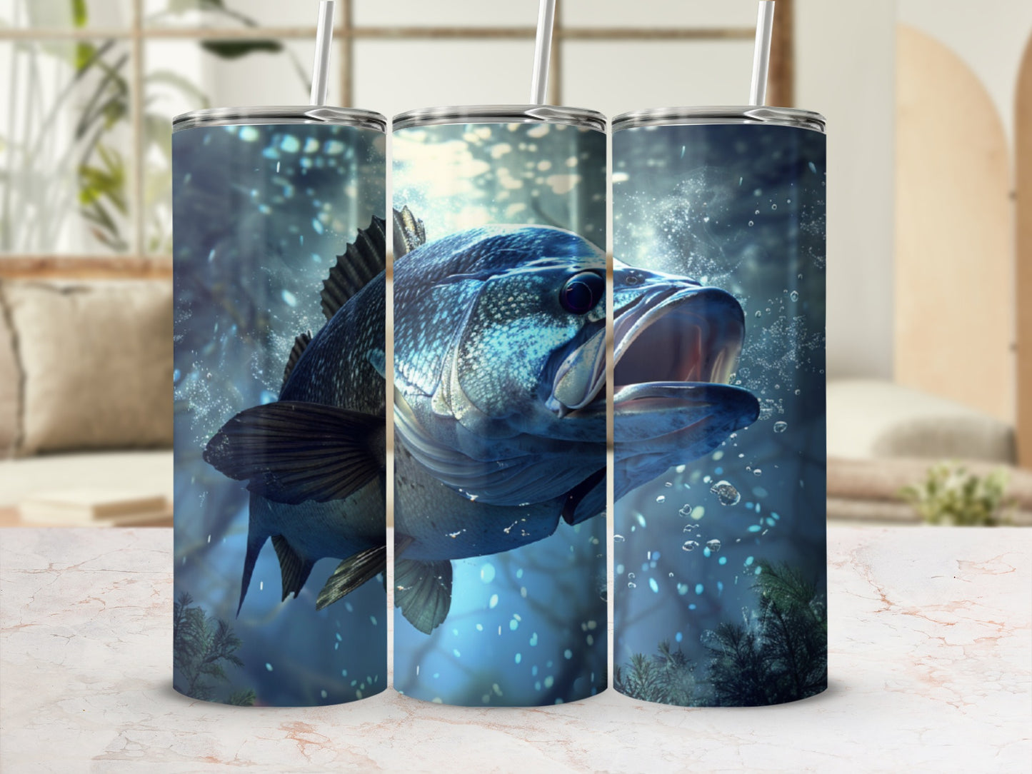 Large bass fish leaping from water with bubbles and foliage.