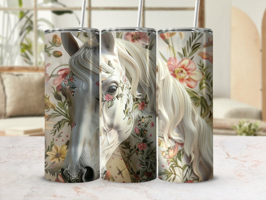 White horse with floral patterns on a floral background.