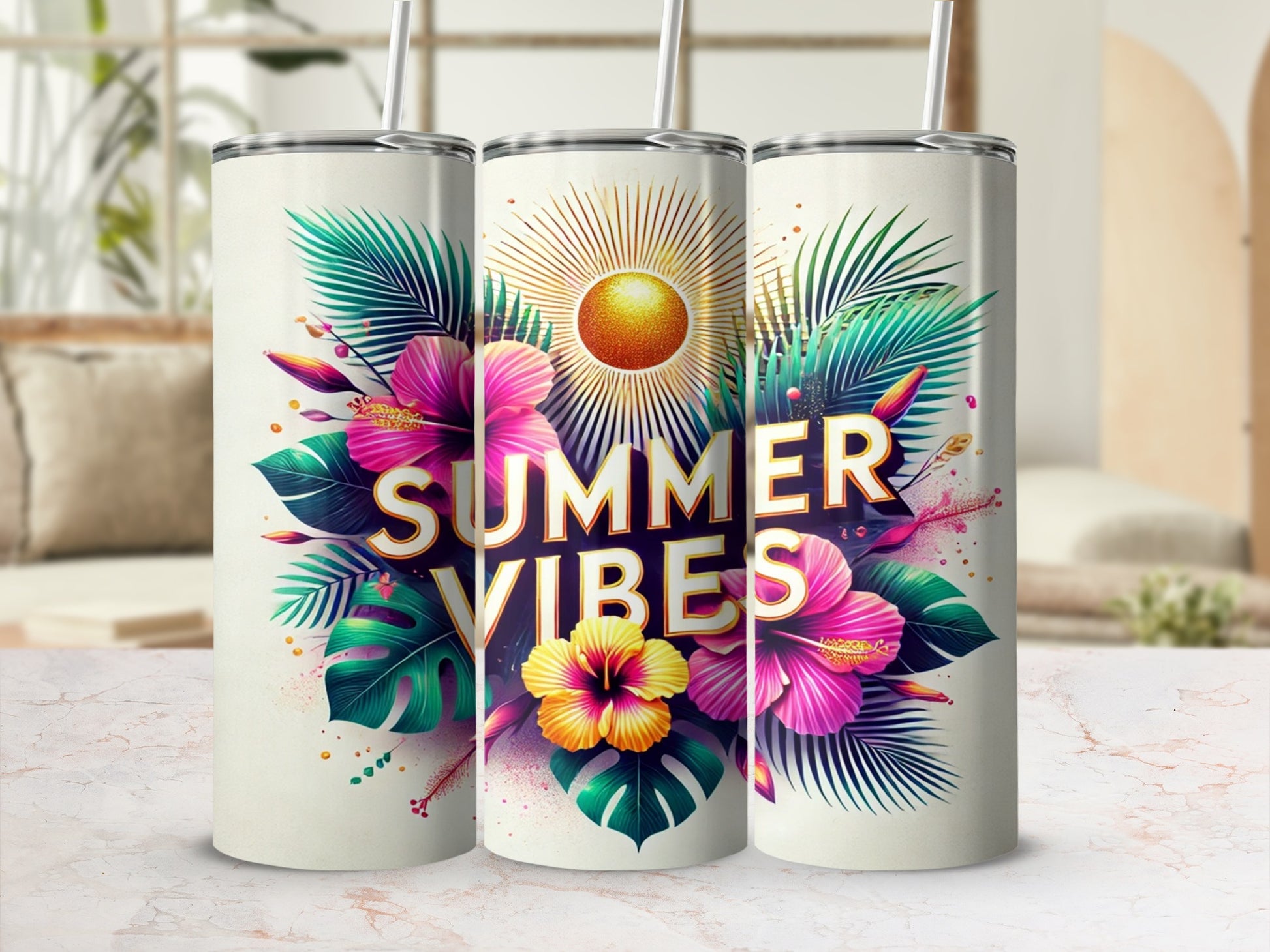 Summer Vibes Insulated Tumbler with Straw for Drinks