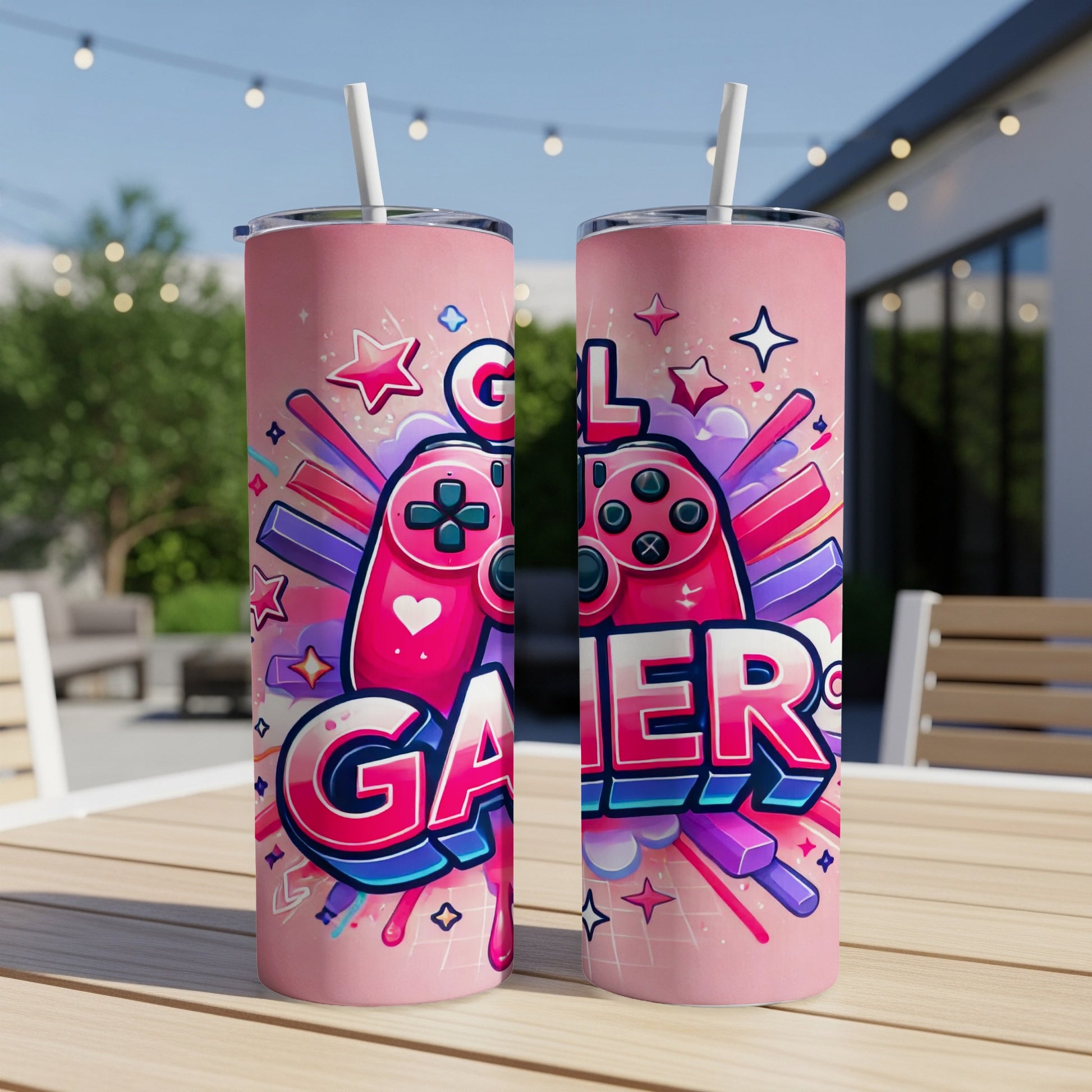 Pink tumbler with "Girl Gamer" text and gaming controller graphics.