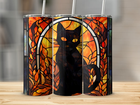 Black cat silhouette against a stained glass window with warm, fiery colors.