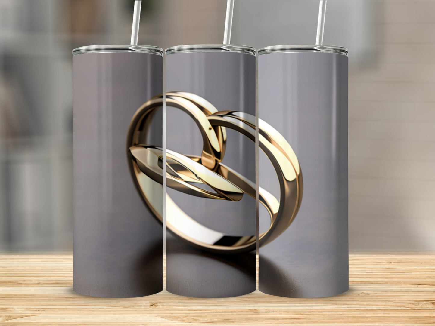 Two intertwined gold rings forming a heart shape, with straws.