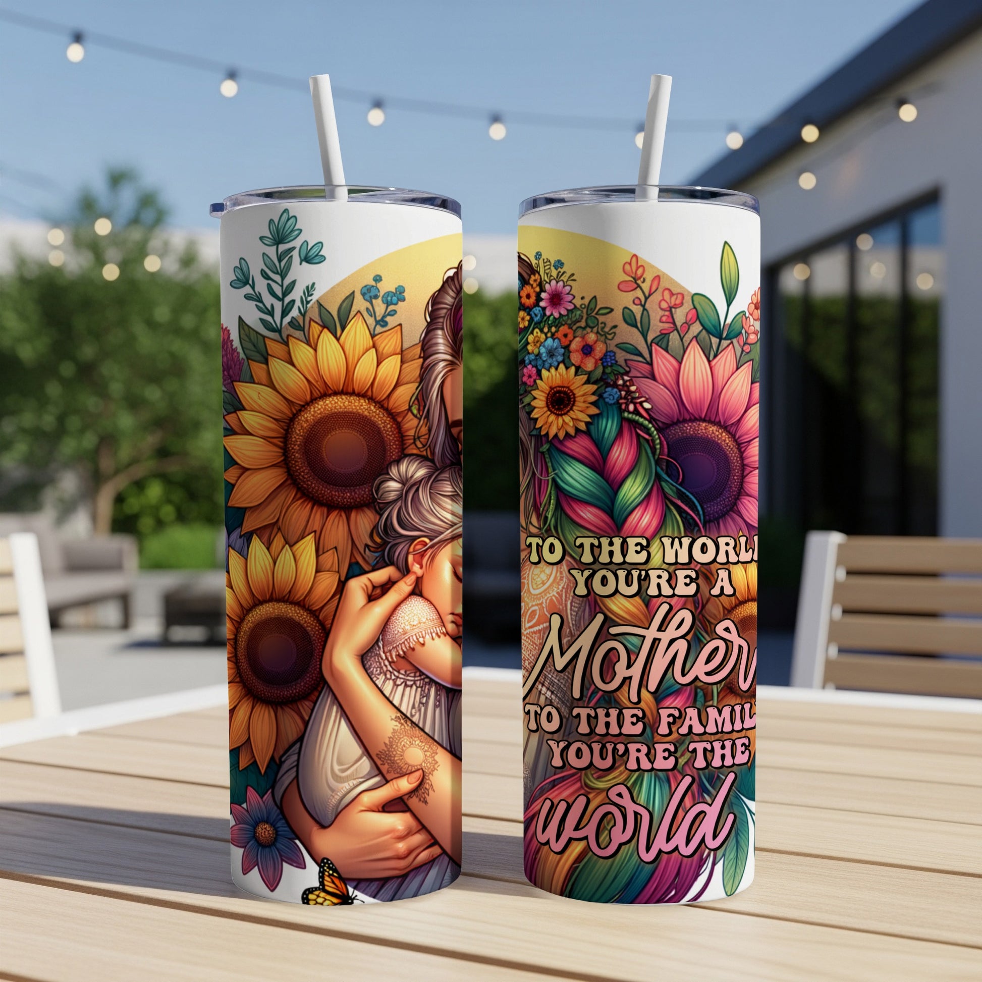 Floral mother and child design on a white skinny tumbler with straw.