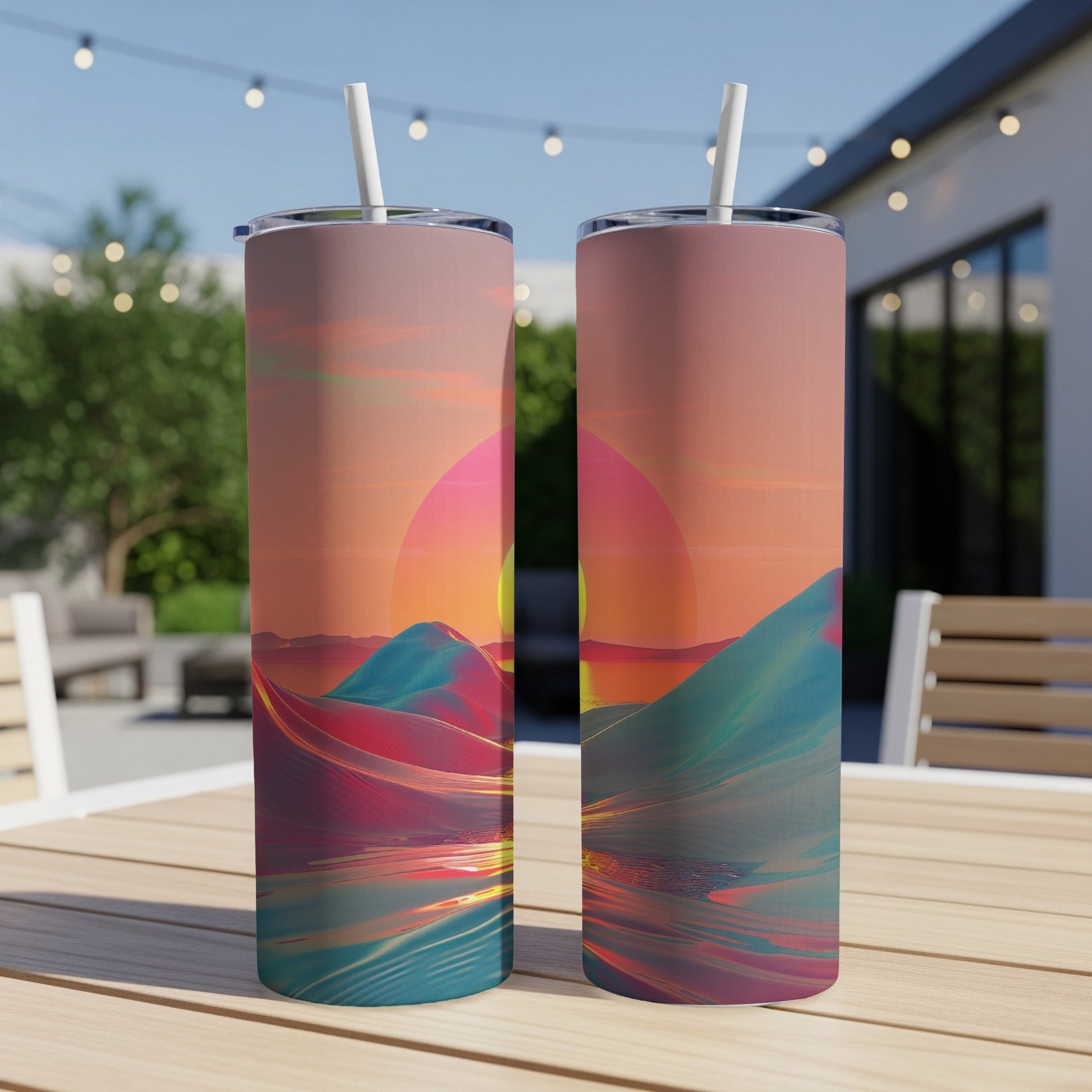 Two tumblers with a vibrant, abstract sunset landscape design.
