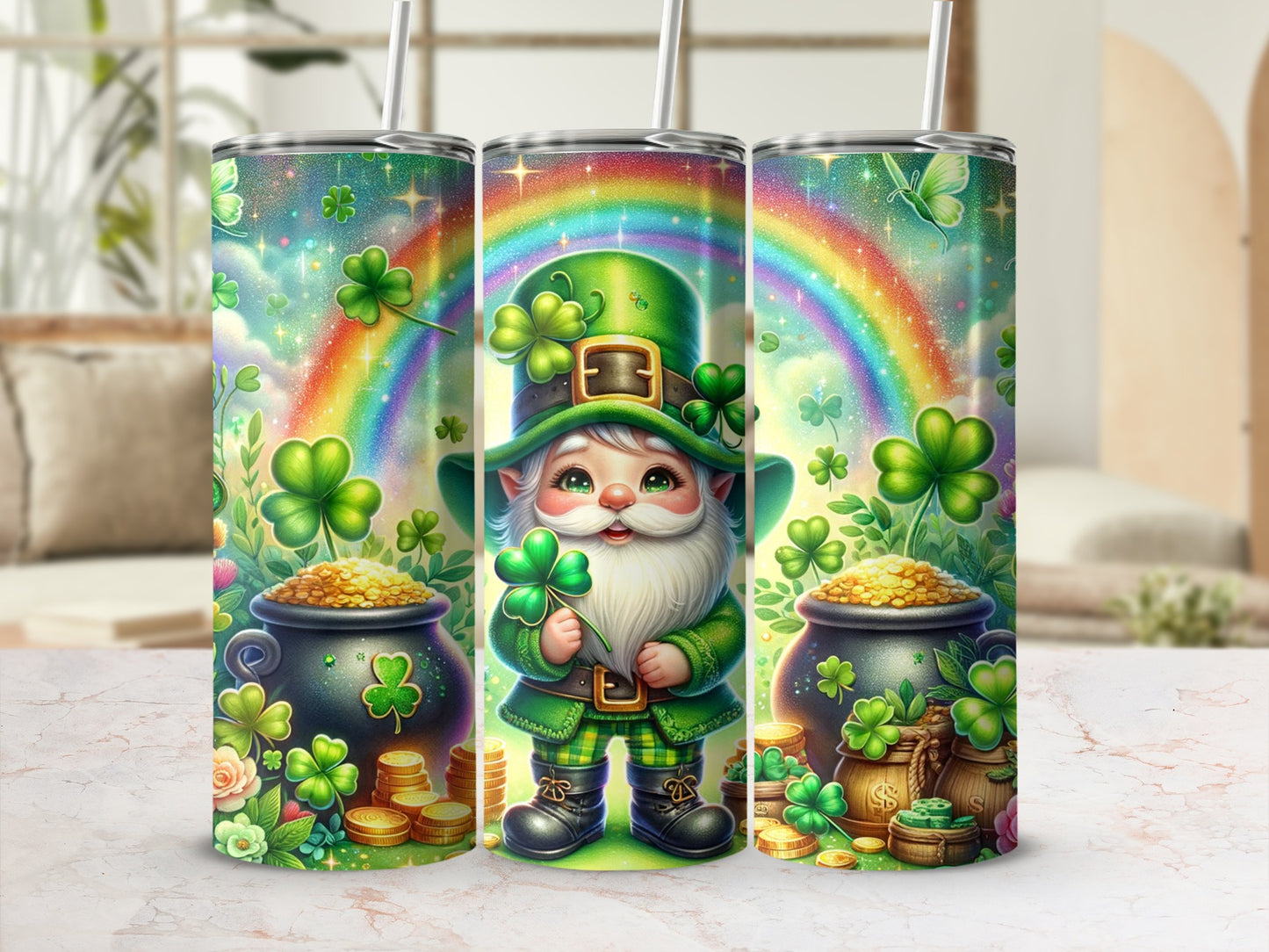 Leprechaun holding shamrock with pot of gold and rainbow.