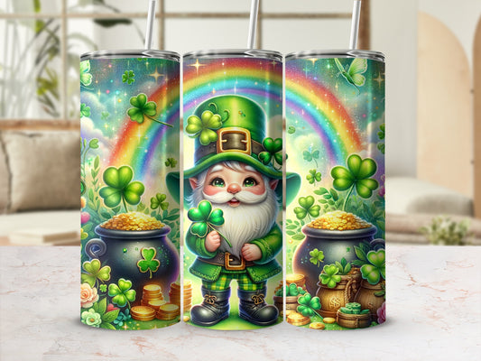 Leprechaun holding shamrock with pot of gold and rainbow.