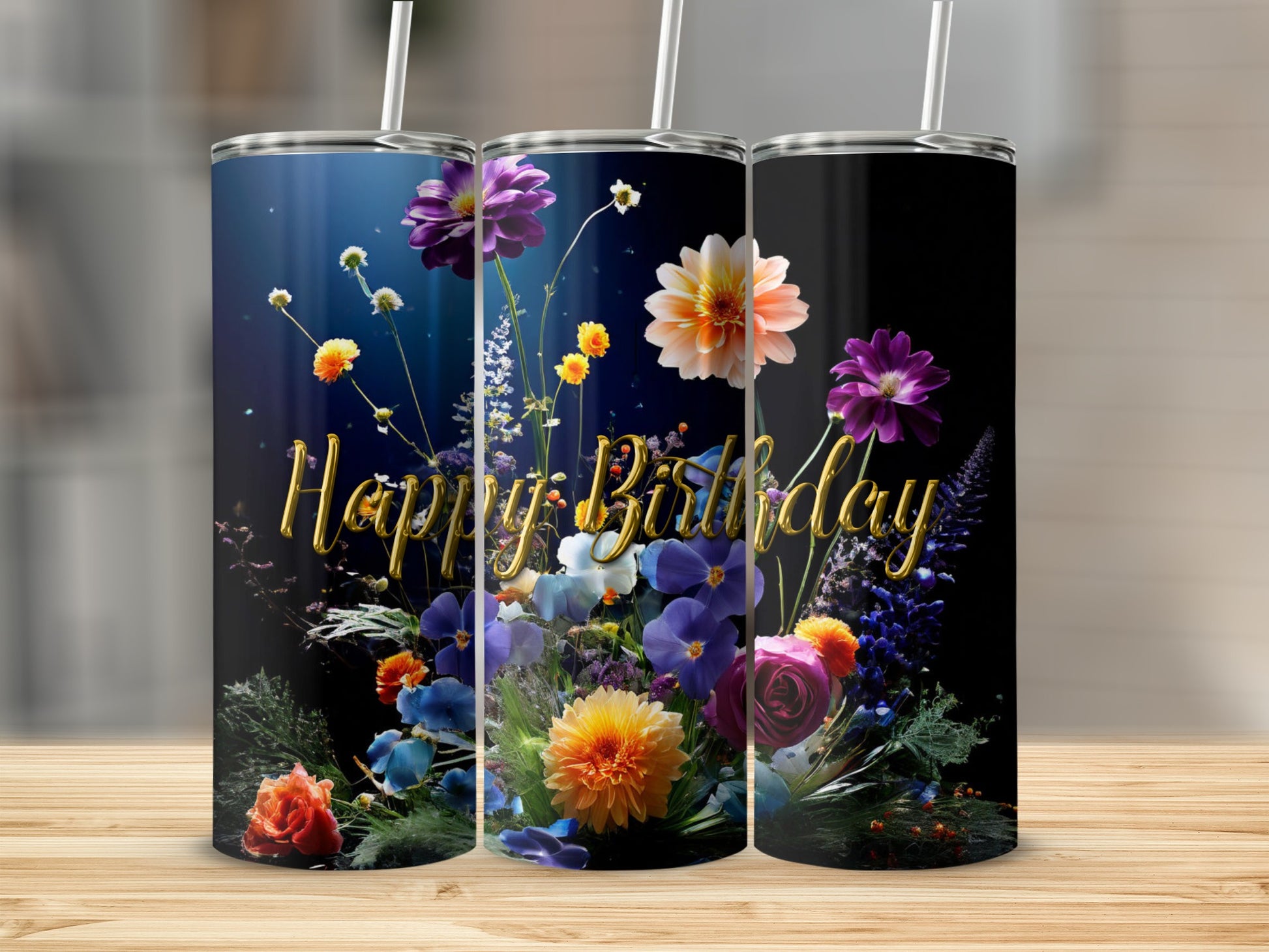 Three tumblers with floral designs and "Happy Birthday" text.