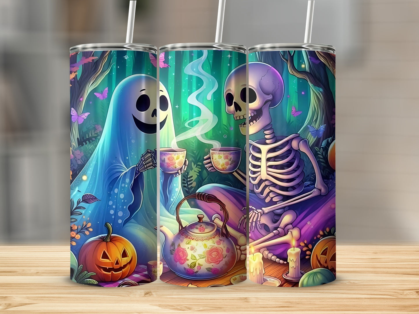 Ghost and skeleton enjoying tea with pumpkins and butterflies.