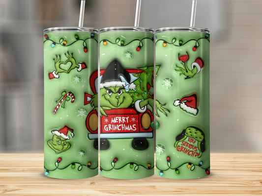 Merry Grinchmas Themed Tumbler With Festive Designs