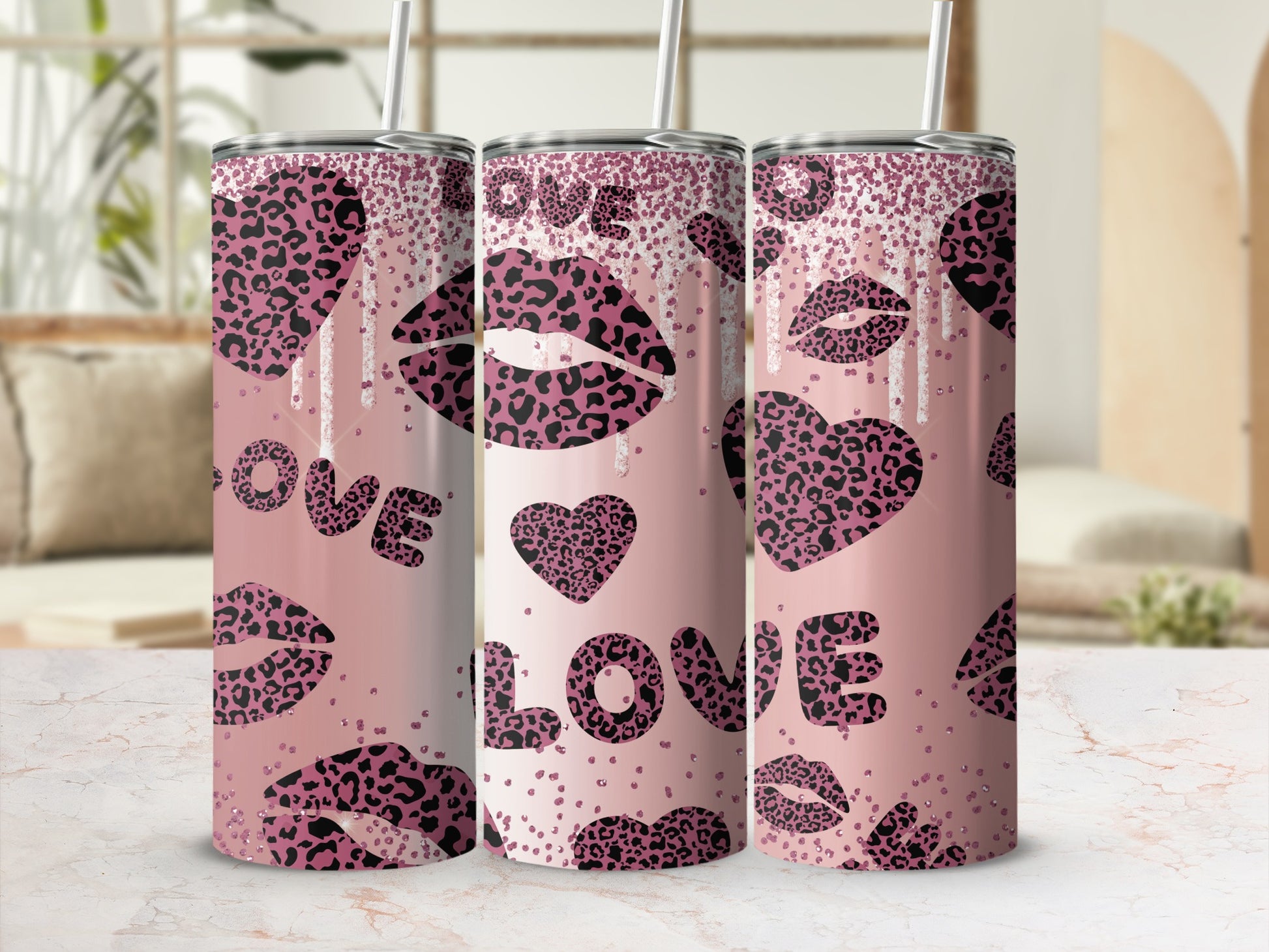Pink Leopard Print Love Hearts and Lips Tumbler