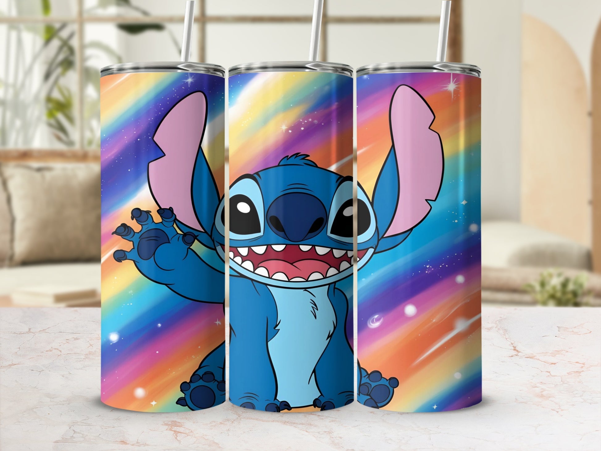 Stitch character on a colorful rainbow space background.