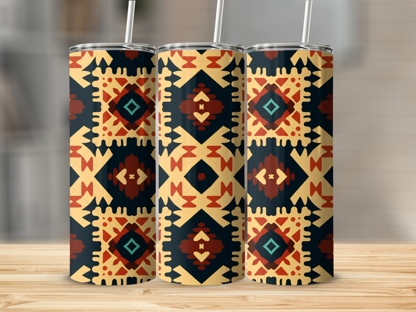 Geometric Tribal Patterned Tumbler with Straw