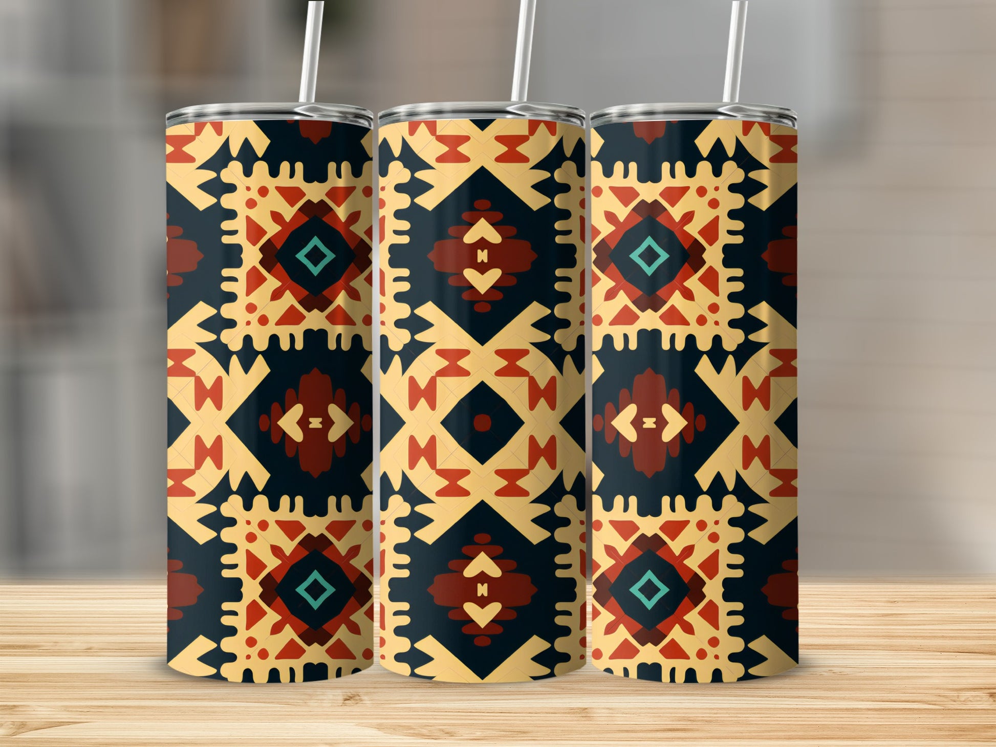 Geometric Tribal Patterned Tumbler with Straw