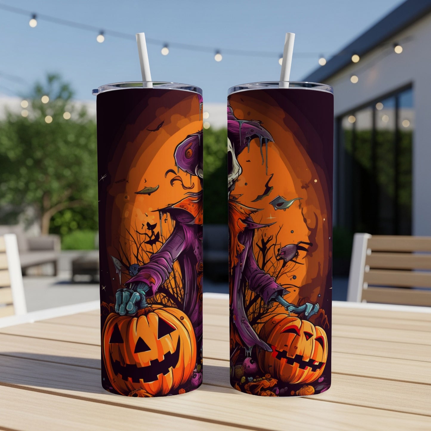 Two Halloween-themed tumblers featuring a scarecrow and jack-o'-lanterns.