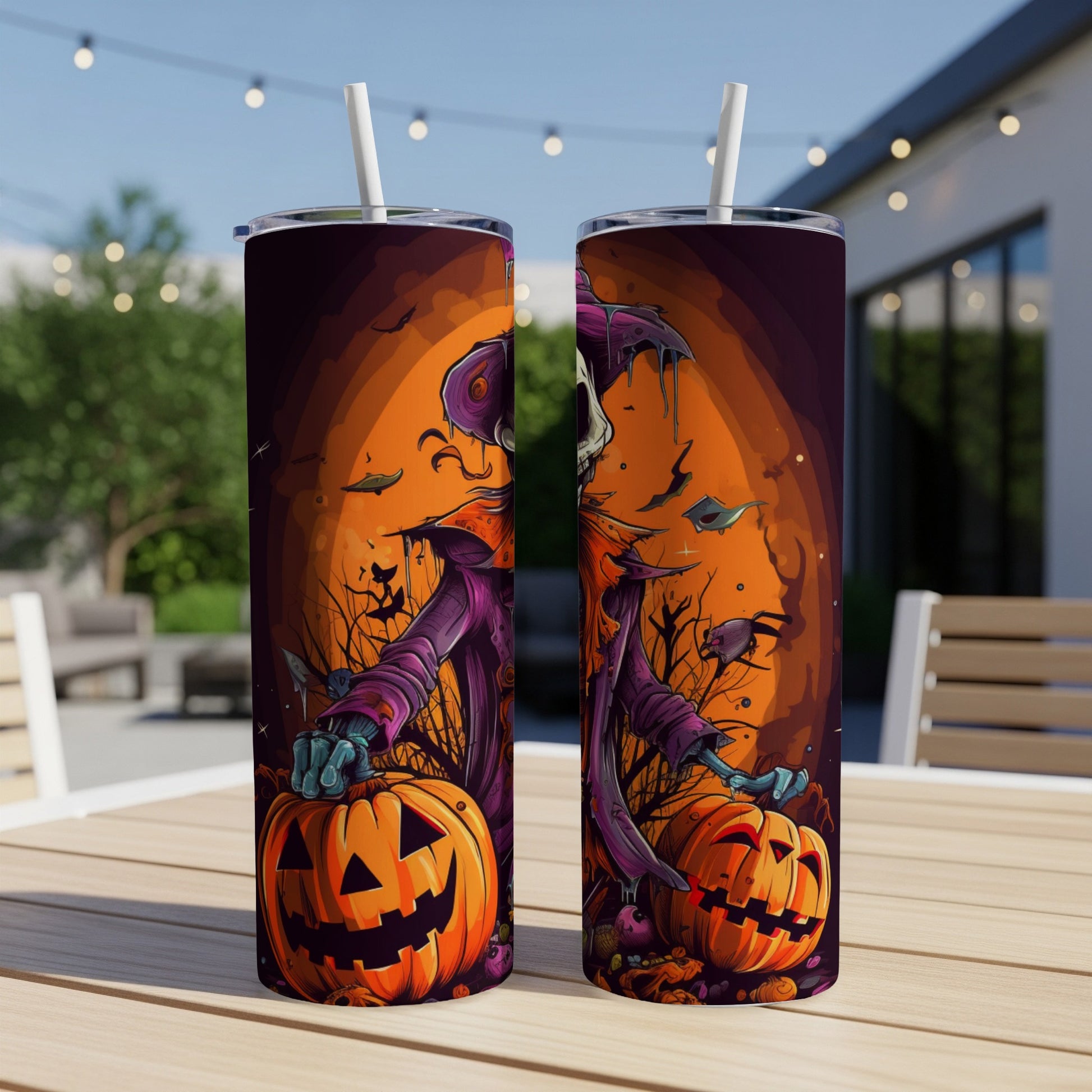 Two Halloween-themed tumblers featuring a scarecrow and jack-o'-lanterns.