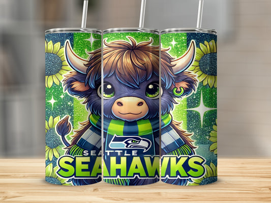 Seattle Seahawks mascot with sunflowers on a glittery green background.