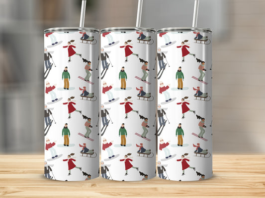 Three white tumblers with a repeating pattern of winter sports figures.