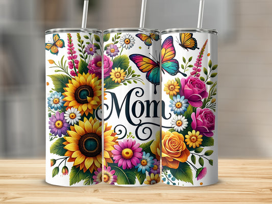 Colorful Floral and Butterfly Mom Design Tumbler
