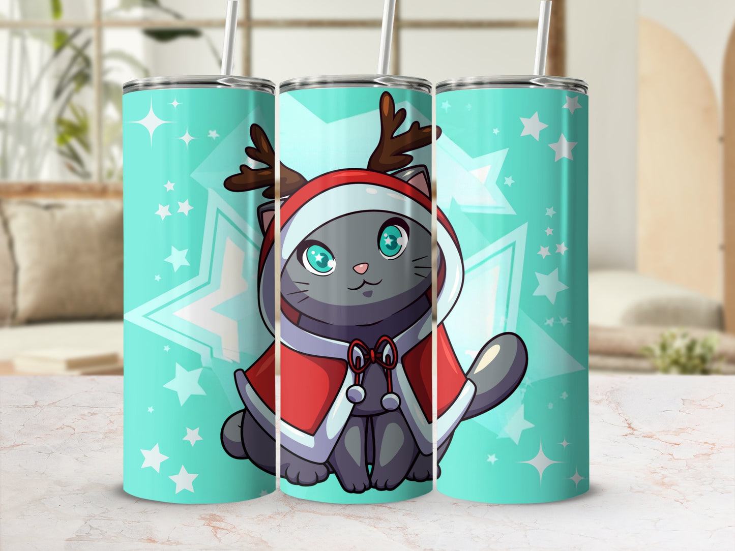 Cute Christmas Cat Reindeer Design Tumbler Cup
