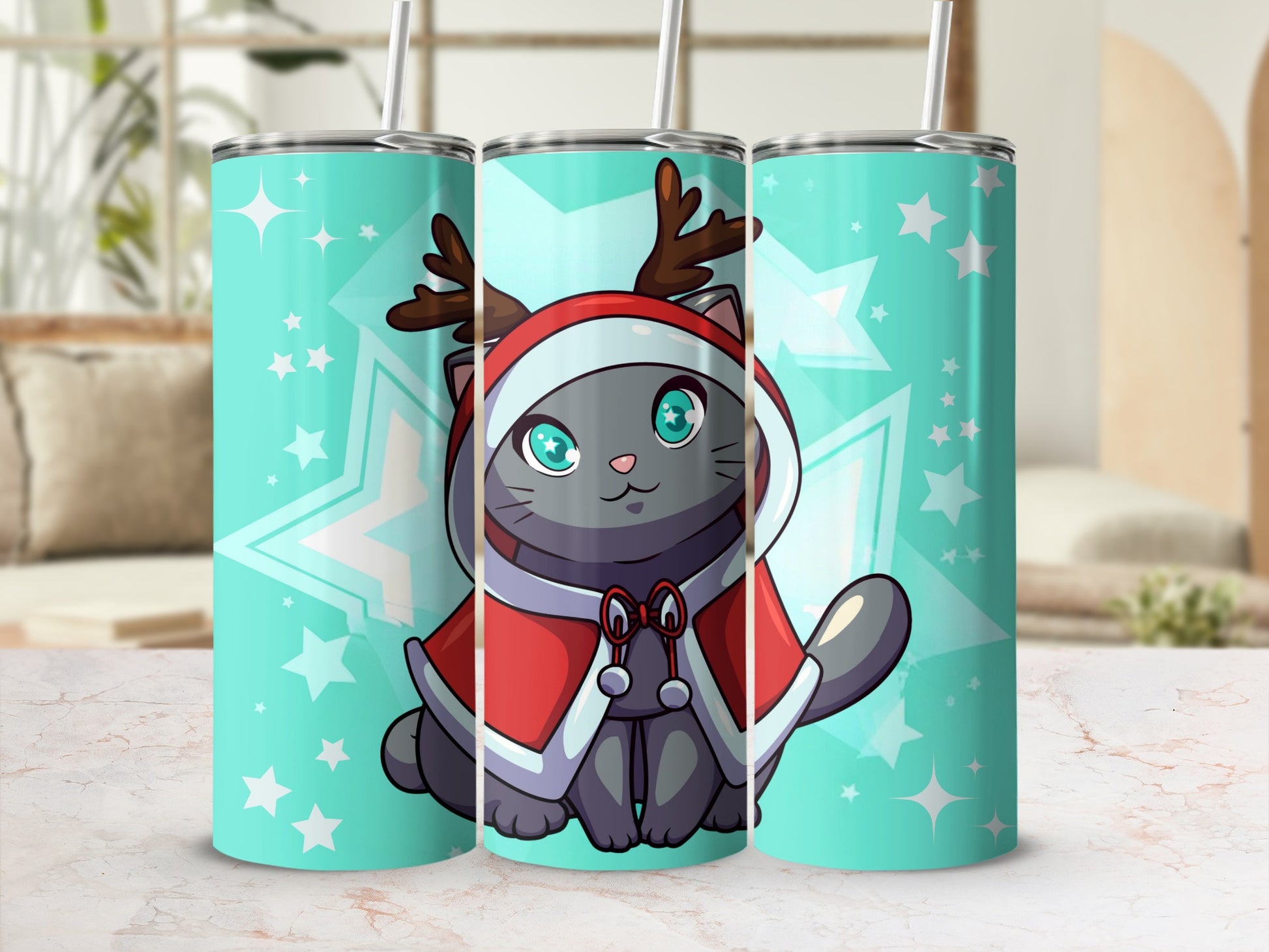 Cute Christmas Cat Reindeer Design Tumbler Cup