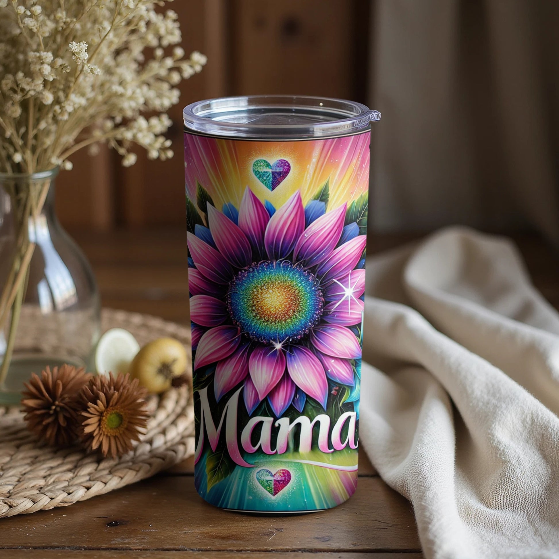 Mama Sunflower Design Tumbler with Colorful Heart Art