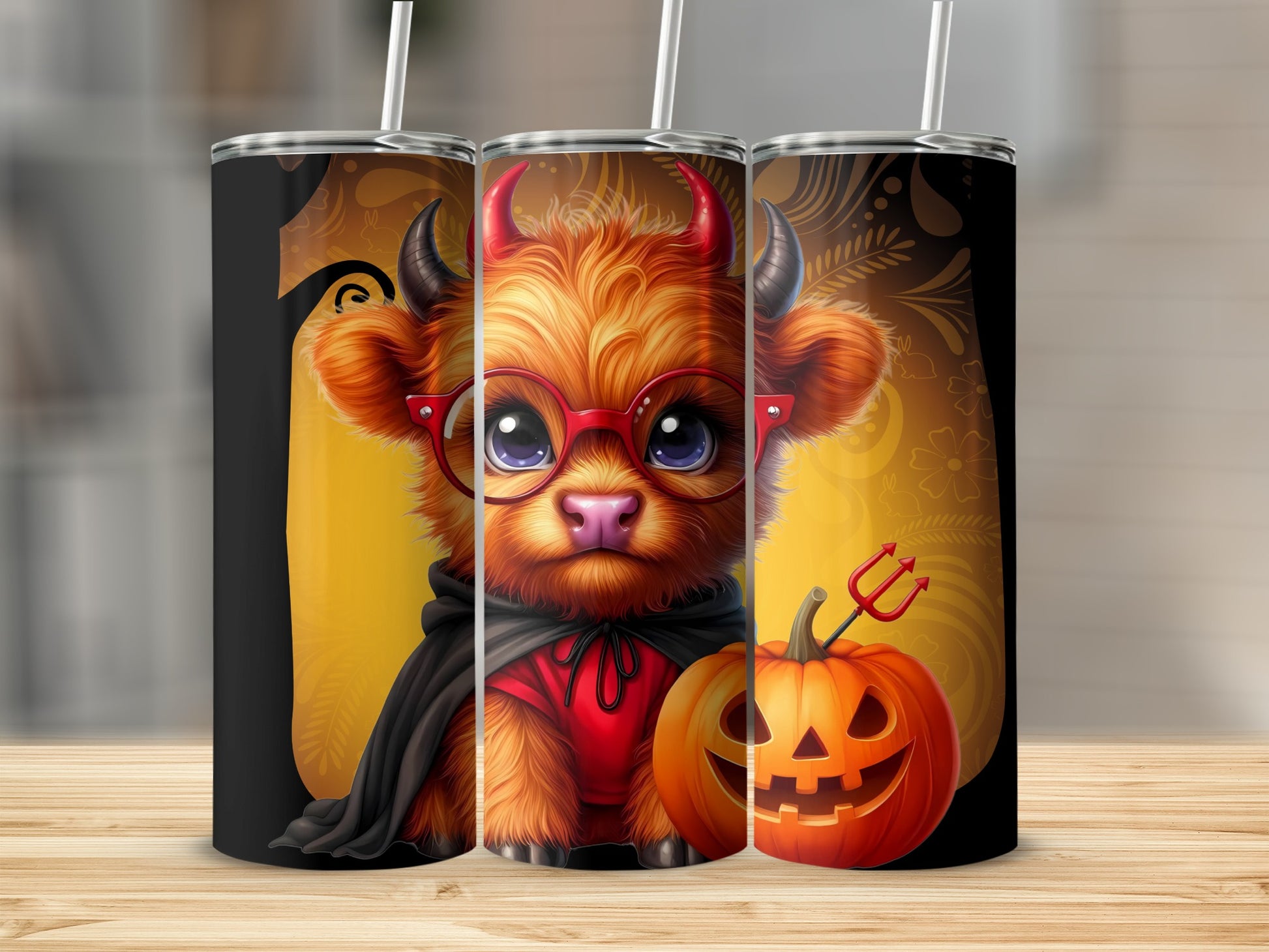 Cute Devil Cow with Pumpkin Halloween Tumbler Cup