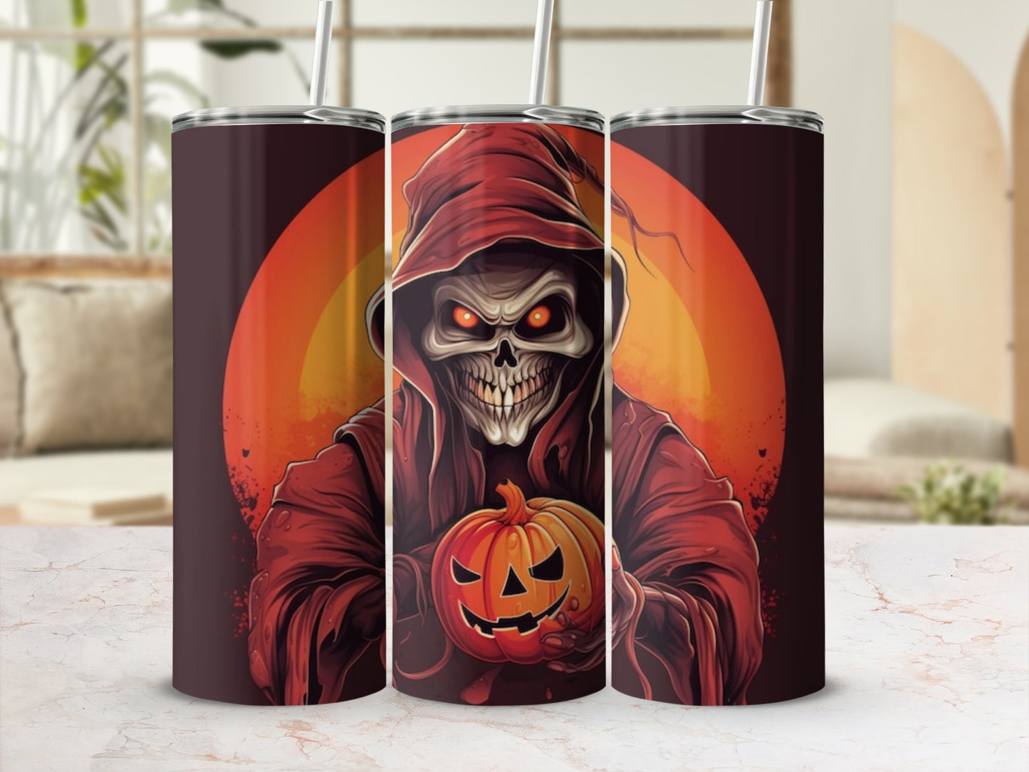 Triptych of tumblers featuring a grim reaper holding a jack-o'-lantern.