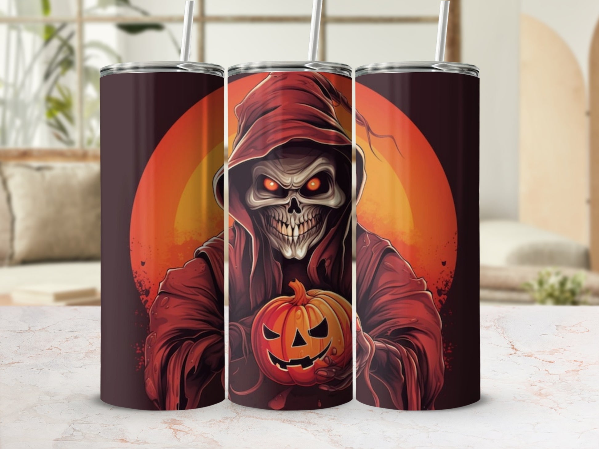 Triptych of tumblers featuring a grim reaper holding a jack-o'-lantern.