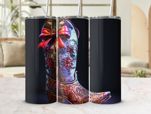 Triptych of a decorated cowboy boot with a red bow, against a blurred background.
