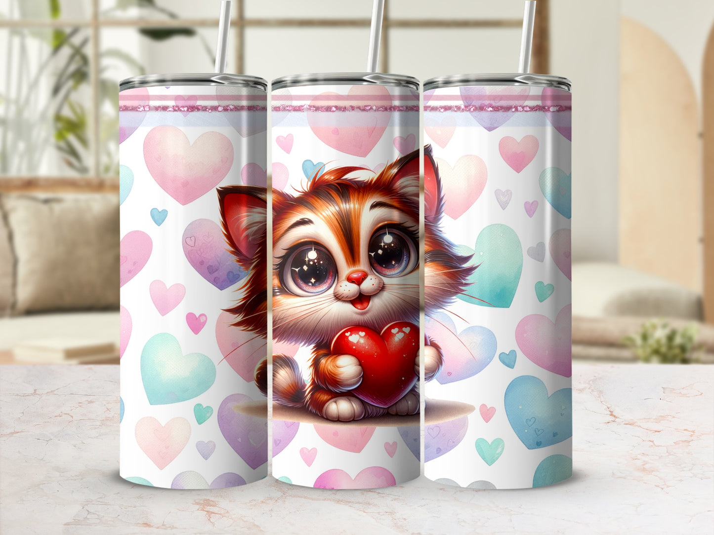 Three tumblers featuring a cute cartoon cat holding a red heart on a pastel heart background.