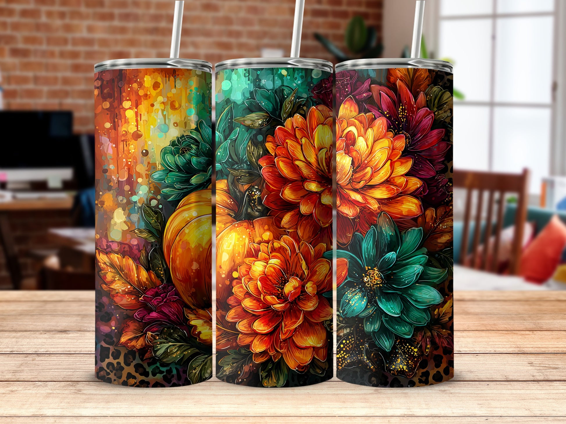 Vibrant Colorful Floral Design Tumbler with Lid
