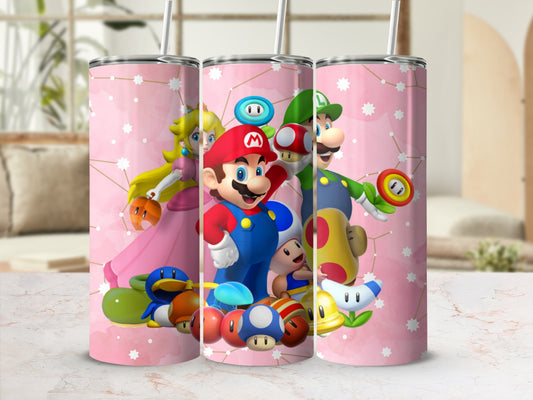 Mario and Friends Pink Background Tumbler