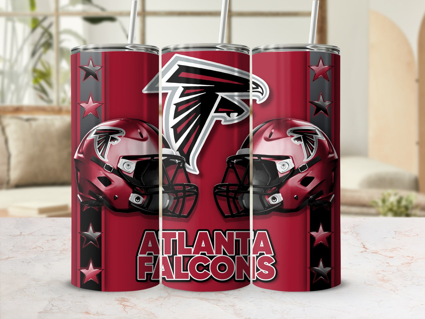 Atlanta Falcons Helmets and Logo on a Red Background Tumblers